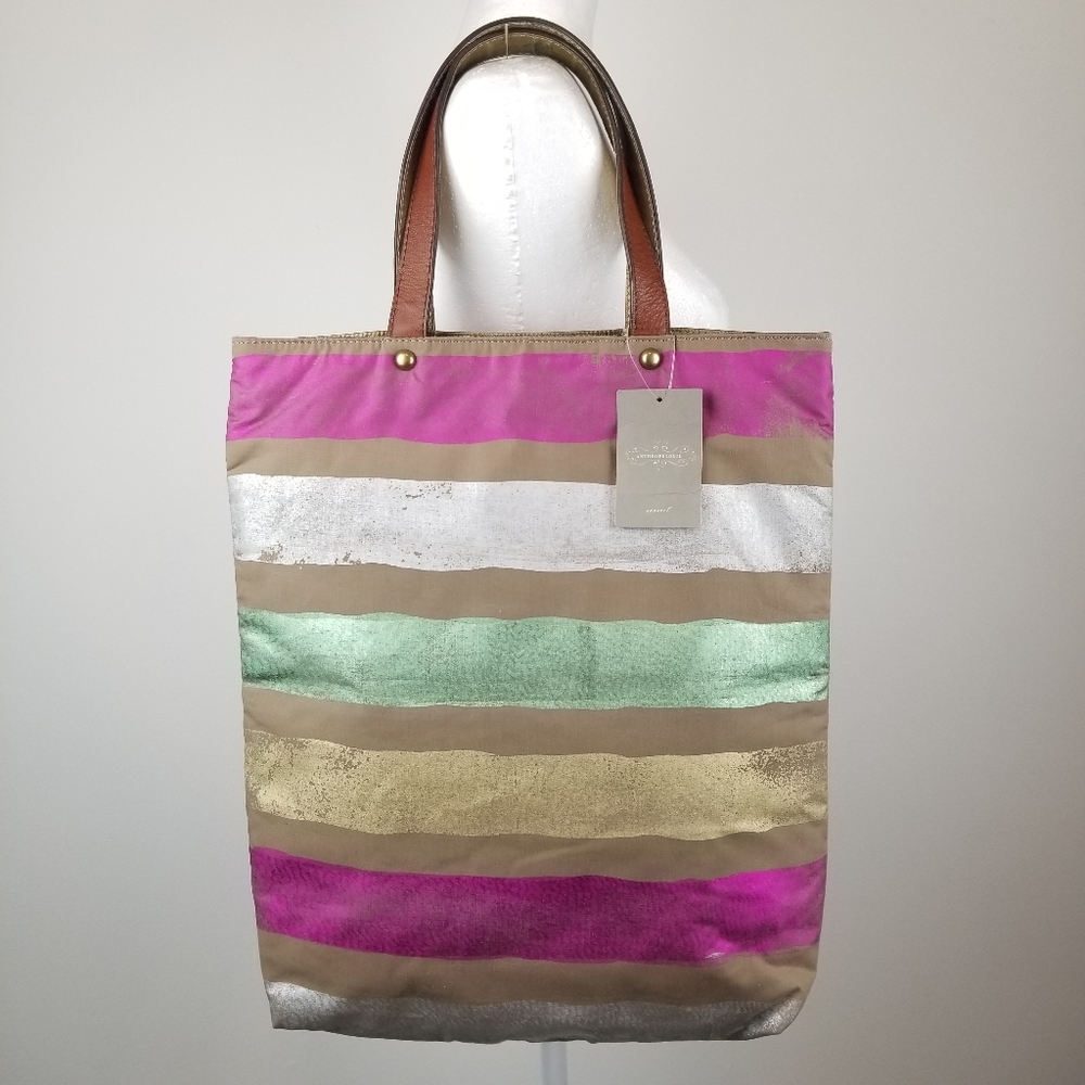Anthro Jasper & Jeera Metallic Stripe Tote NWT Pink Gold Canvas Bag